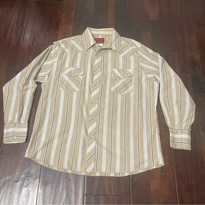Rustler X-Long Tails Long Sleeve Pearl Snap Men’s XL Tan & White Western Cowboy